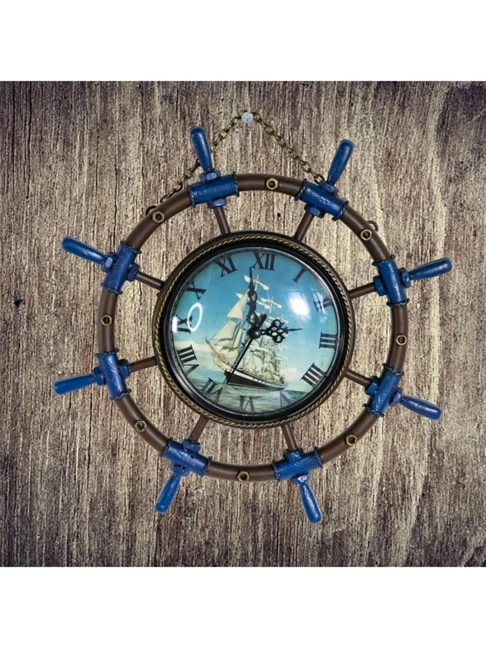 Home Blue Metal Ship Steering Wheel Boat Rudder Wall Decoration Hanging Clock
